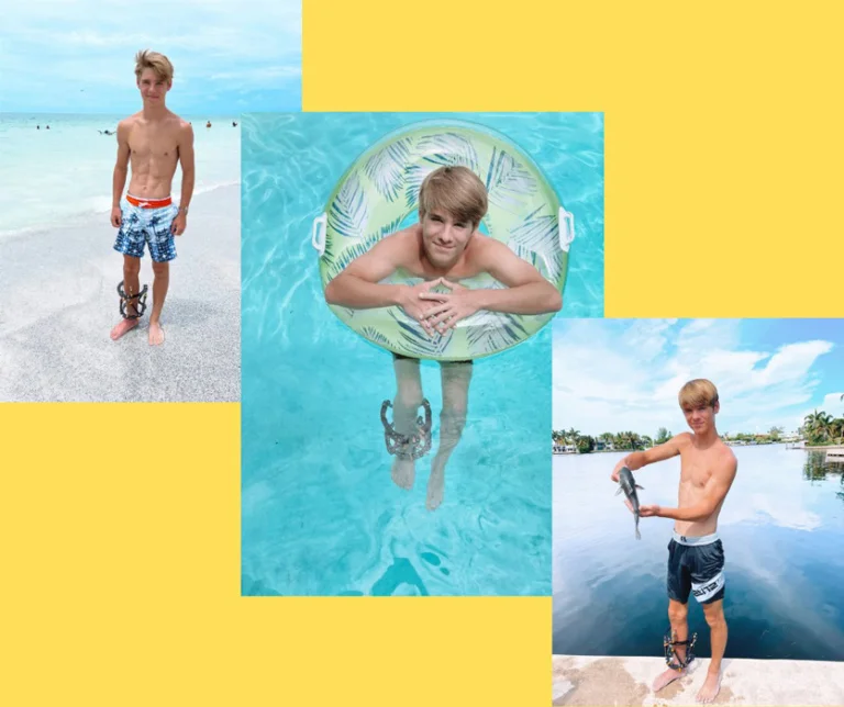 Three pictures of a teenage boy at the beach, in a float in a pool, and holding up a fish he caught