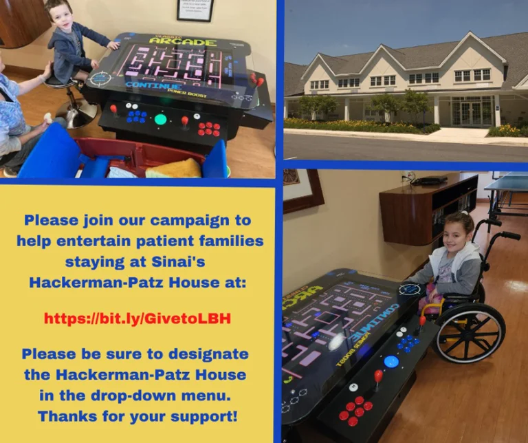 Collage showing the Hackerman-Patz House and 2 children playing with a commercial grade arcade table