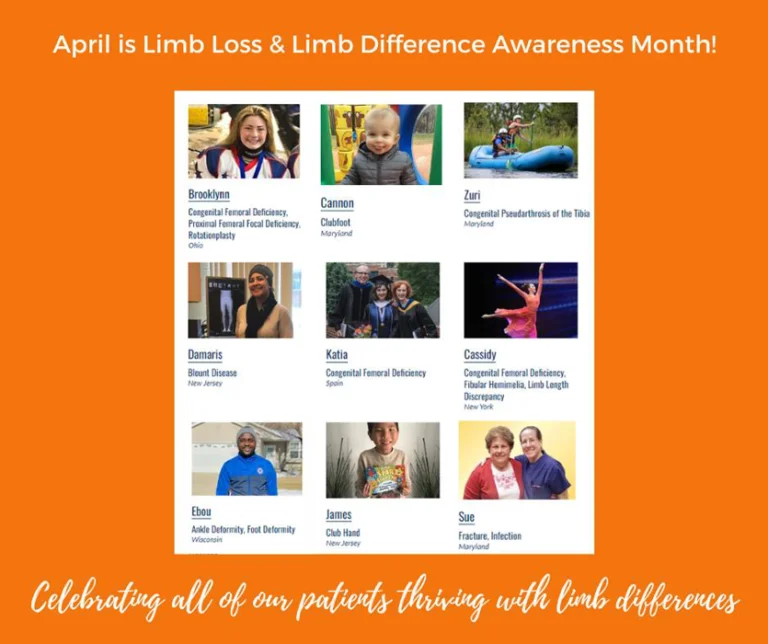 A block of nine patient photos under the heading April is Limb Loss & Limb Difference Awareness Month. Below the pictures it reads, Celebrating all our patients thriving with limb differences.