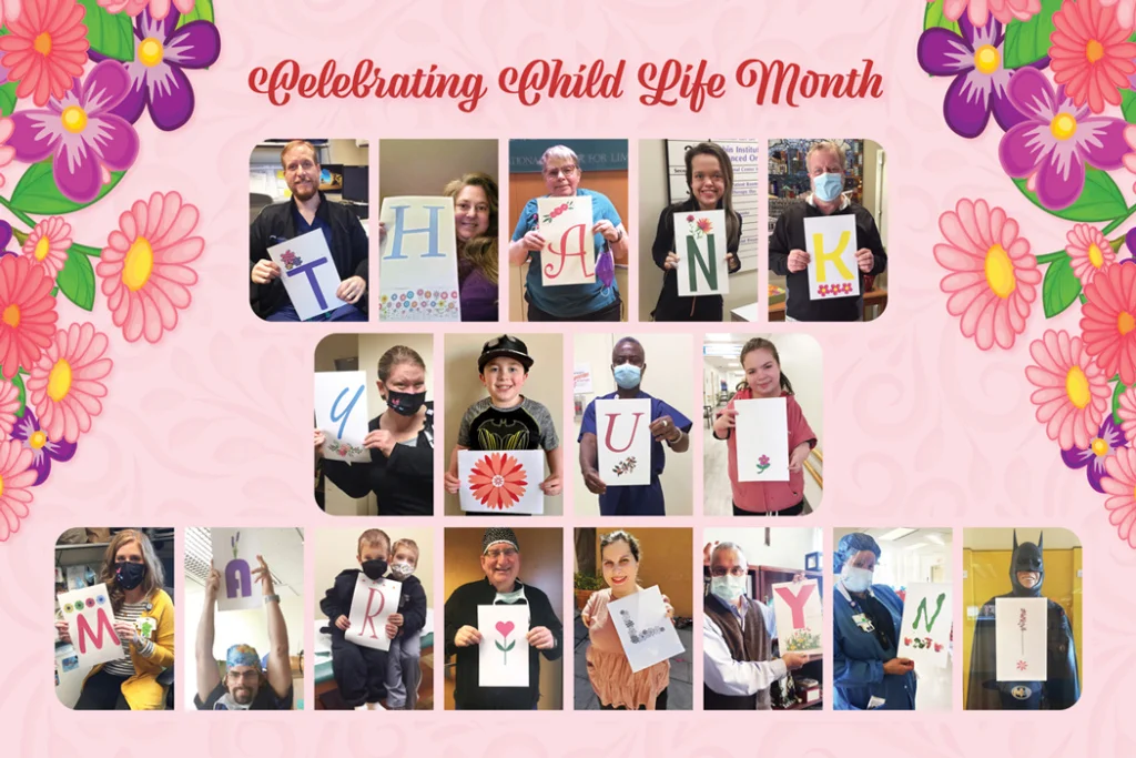 An image collage of people holding up signs that reads: Celebrating Child Life Month, Thank You, Marilyn!