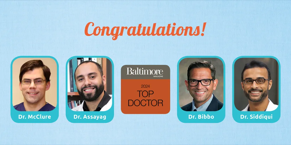 Dr. McClure, Dr. Assayag, Dr. Bibbo, and Dr. Siddiqui with Baltimore Magazine 2024 Top Doctors logo