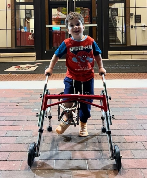 Joey outside with external fixator using rollator walker